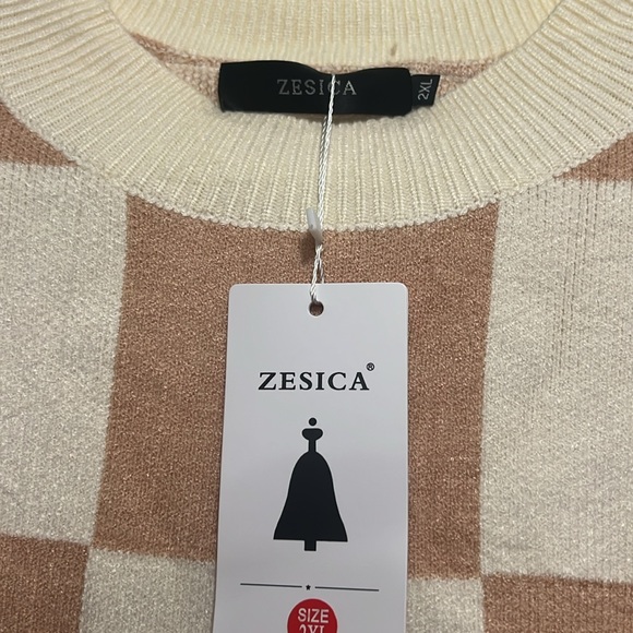 Checkered Cream and Tan Women's Sweater - Picture 2 of 2